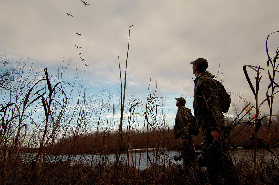 Two Bow Hunters Watching Geese Fly Photograph by Joel Sheagren