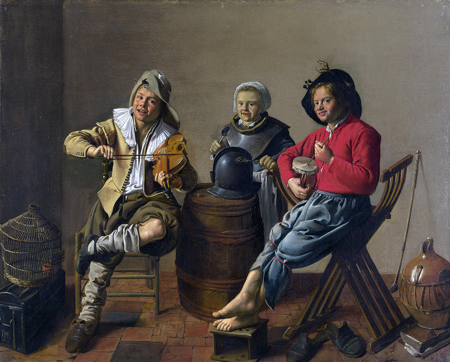 Two Boys and a Girl Making Music Painting by Jan Miense Molenaer