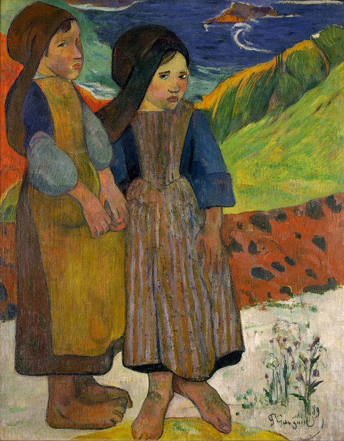 Impressionism Painting - Two Breton Girls by the Sea by Paul Gauguin