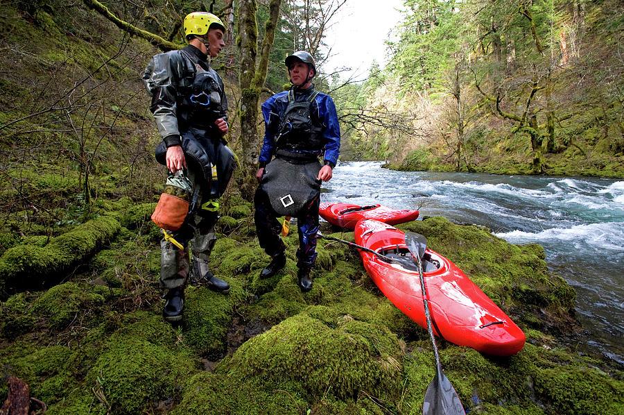 Action Photograph - Two Brother Kayakers Prepare To Scout by Bennett Barthelemy
