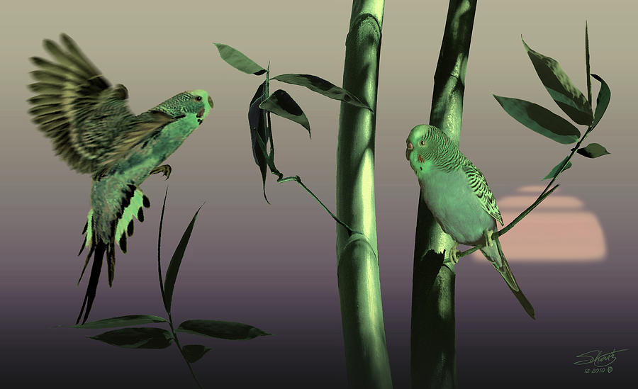 Bird Digital Art - Two Budgerigars in Bamboo Tree by M Spadecaller