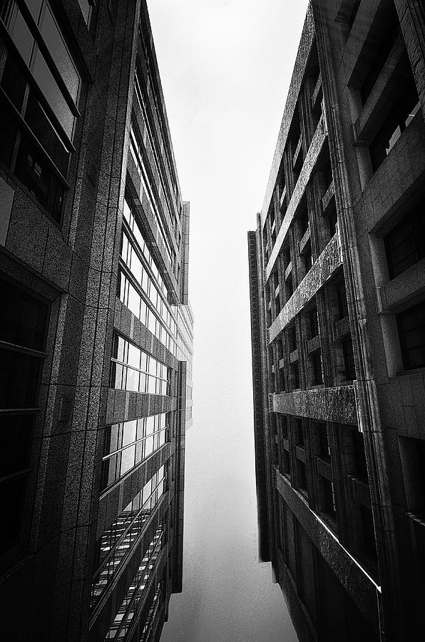 Two Buildings In San Francisco Looking Up In Black And White Photograph ...