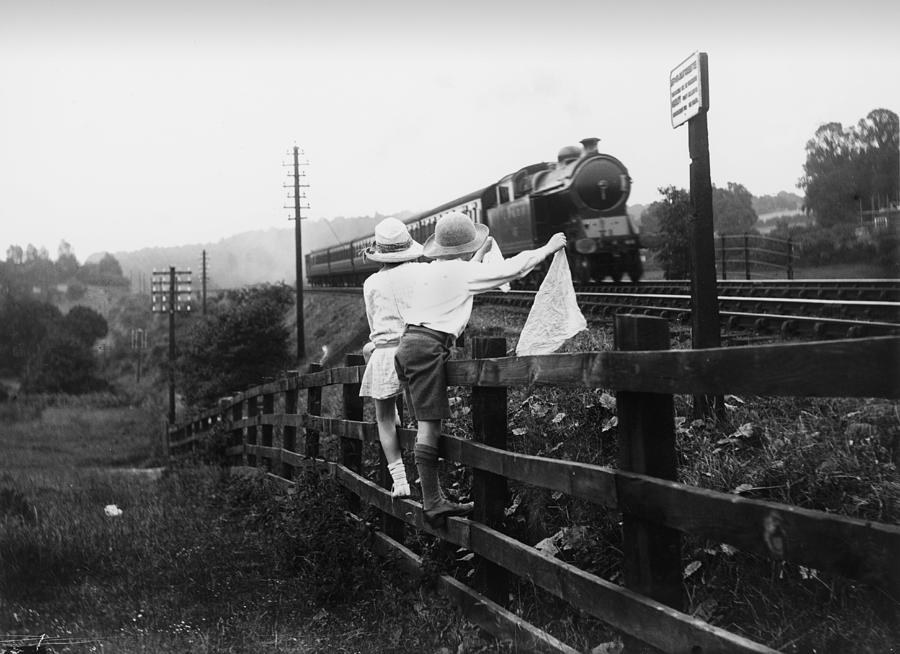 Train Photograph - Two Children Stand On A Fence  And Wave by Mary Evans Picture Library