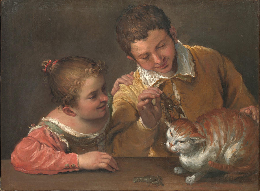 Two Children Teasing a Cat Painting by Annibale Carracci