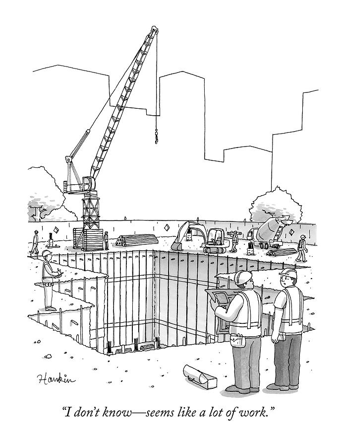 Crane Drawing - Two Construction Workers Look Out Over A Massive by Charlie Hankin