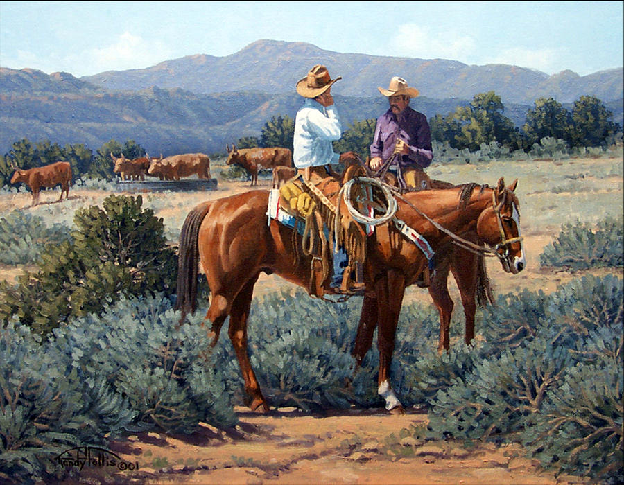 Horse Painting - Two Cowboys by Randy Follis