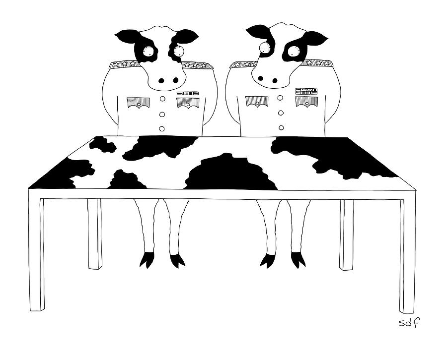 Two Cows In Military Dress Looking At A Map Table Drawing by Seth Fleishman Two Cows In Military Dress Looking At A Map Table Drawing by Seth Fleishman