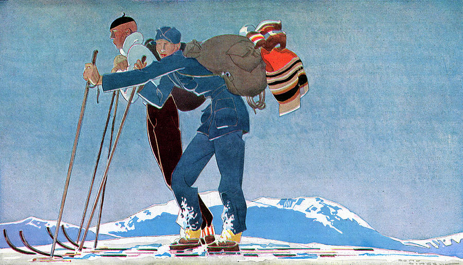 Winter Drawing - Two Cross-country Skiers Go  Slowly by Mary Evans Picture Library