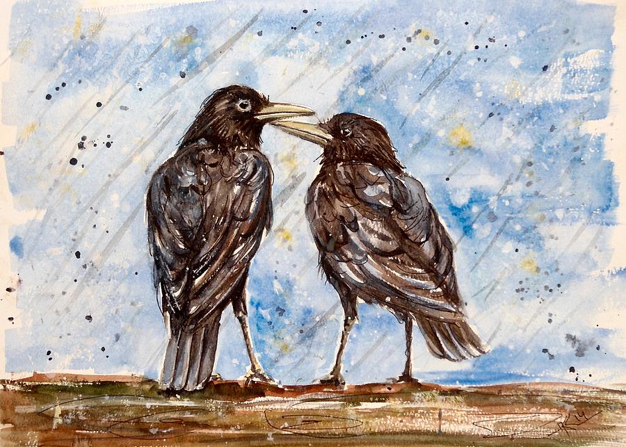 Two crows on a rainy day Painting by Katerina Kovatcheva