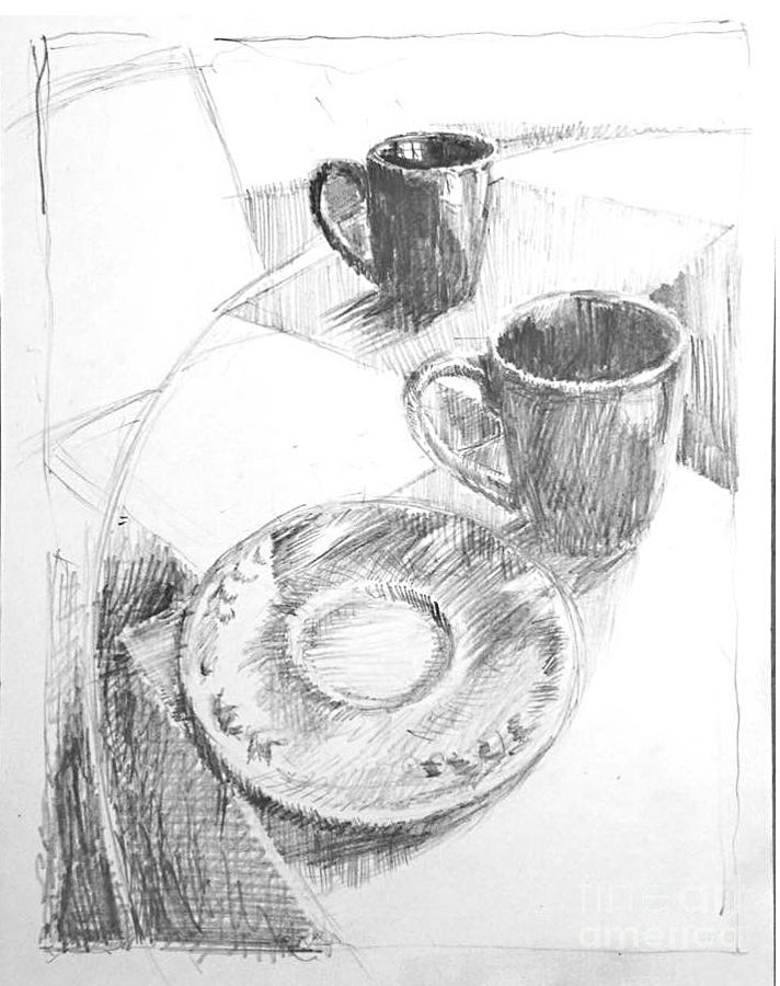 Cup Drawing - Two Cups and a Saucer by John Castell