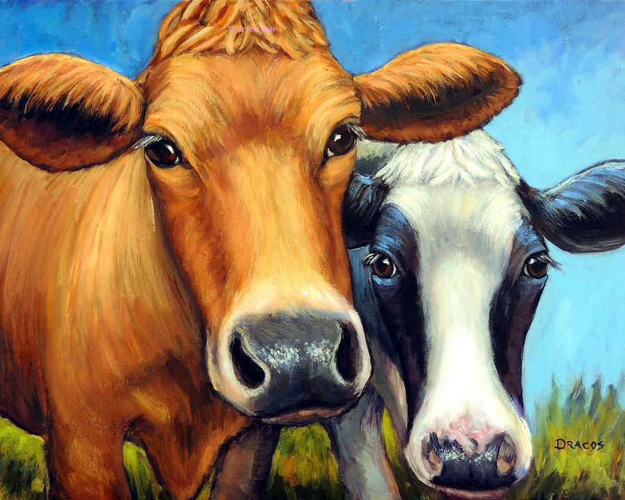 Cow Painting - Two Curious Cows by Dottie Dracos