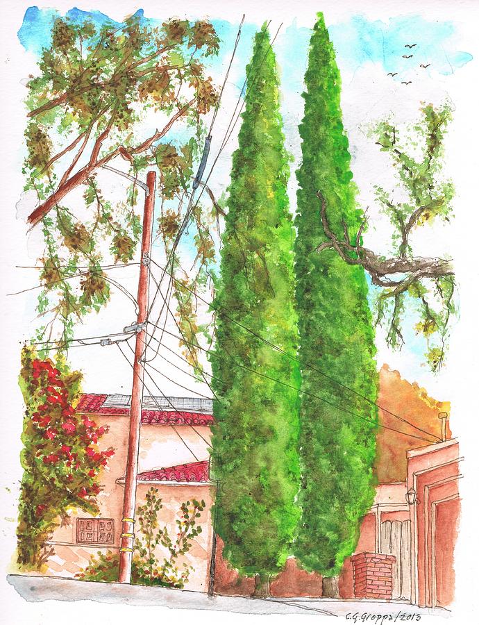Two cypresses and a phone pole in Hollywood Hills - Los Angeles - California Painting by Carlos G Groppa