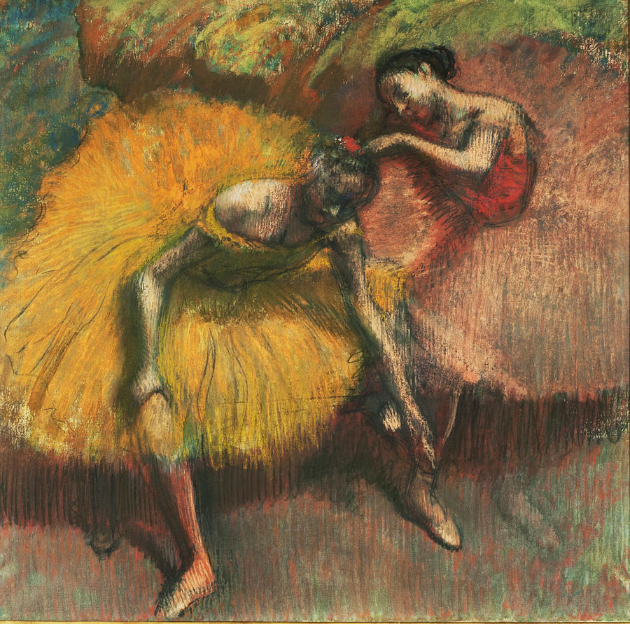 Two dancers in yellow and pink Painting by Edgar Degas