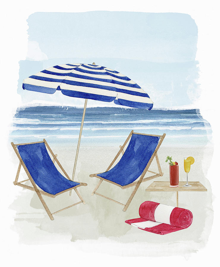 Two Deck Chairs Under Parasol On Beach Painting by Ikon Images