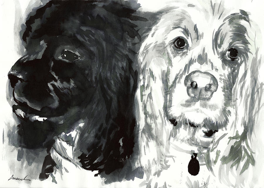 Two Dogs Ink Drawing Print Art Ilustration pet Drawing by Ologeanu Mirel