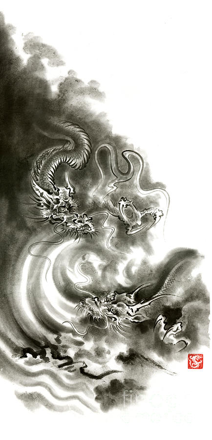 Nature Painting - Dragons Fantasy Painting, Dragon Fantasy Poster, Japanese Dragon Artwork. Two Dragons Home Decor by Mariusz Szmerdt