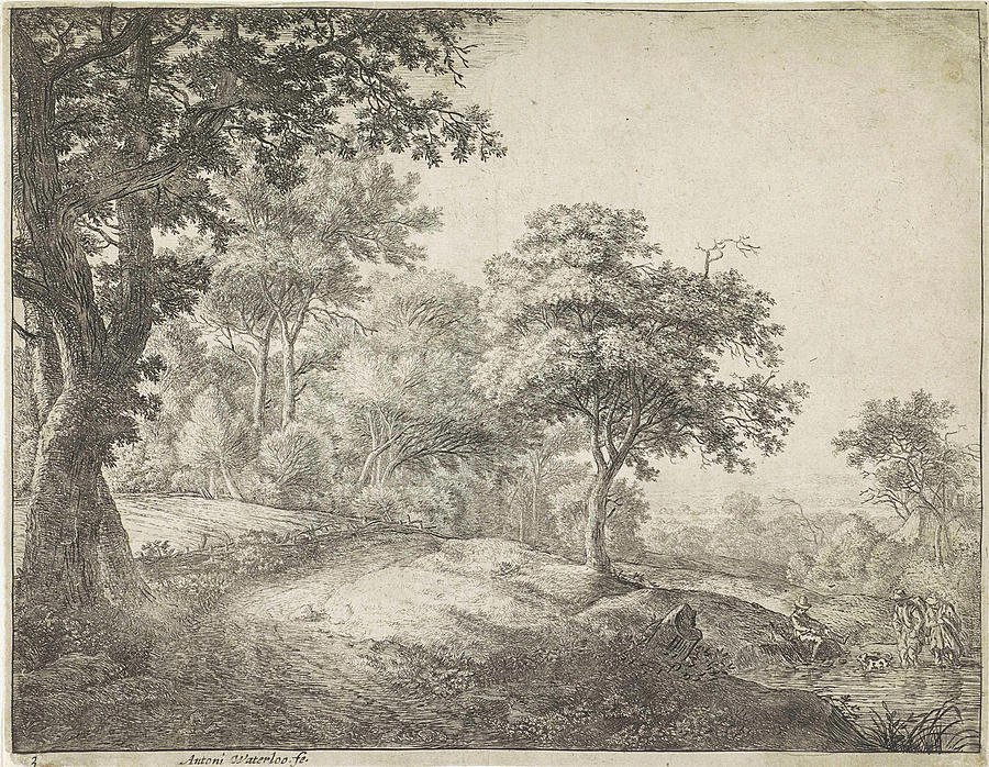 Two Figures Wading Through A Stream, Anthonie Waterloo Drawing by ...