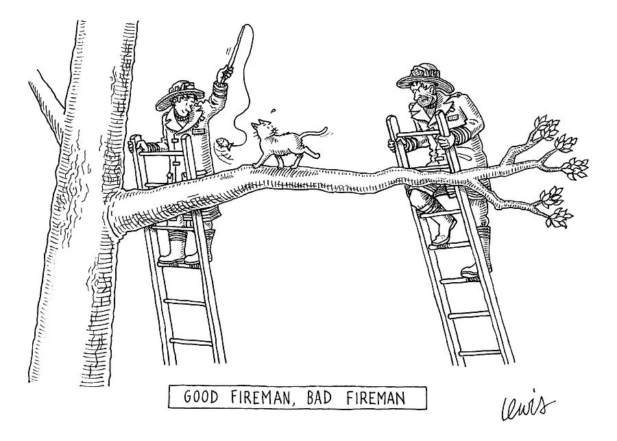 Two Firemen Stand On Ladders At Either End Drawing by Eric Lewis