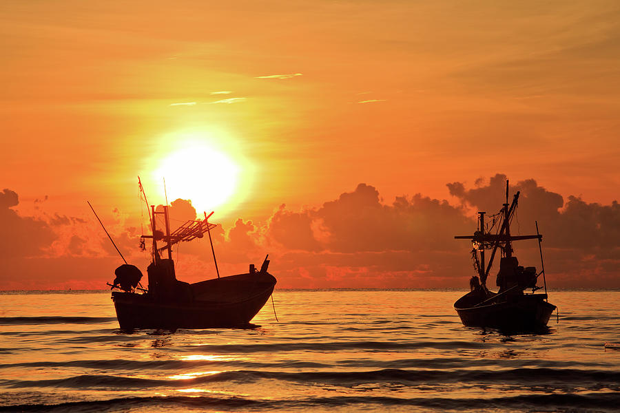 Two Fishing Boats At Sunrise Photograph by Monthon Wa