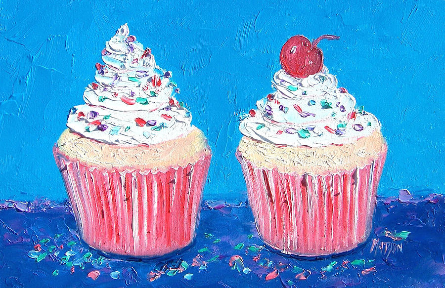 Two frosted cupcakes Painting by Jan Matson