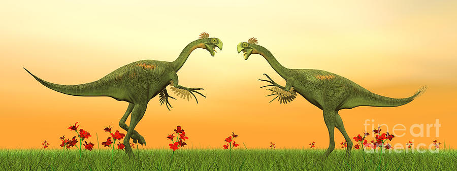 Dinosaur Digital Art - Two Gigantoraptor Dinosaurs Fighting by Elena Duvernay