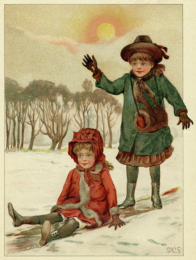 Two Girls Are Sliding - One Keeps Drawing by Mary Evans Picture Library ...