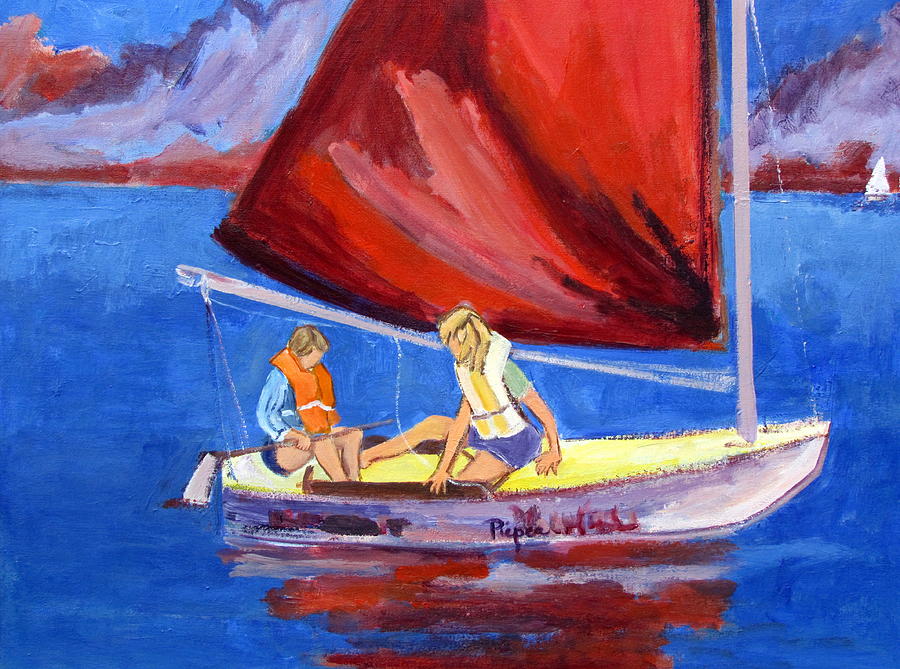 Two Girls Set to Sail with Red Sail Painting by Betty Pieper