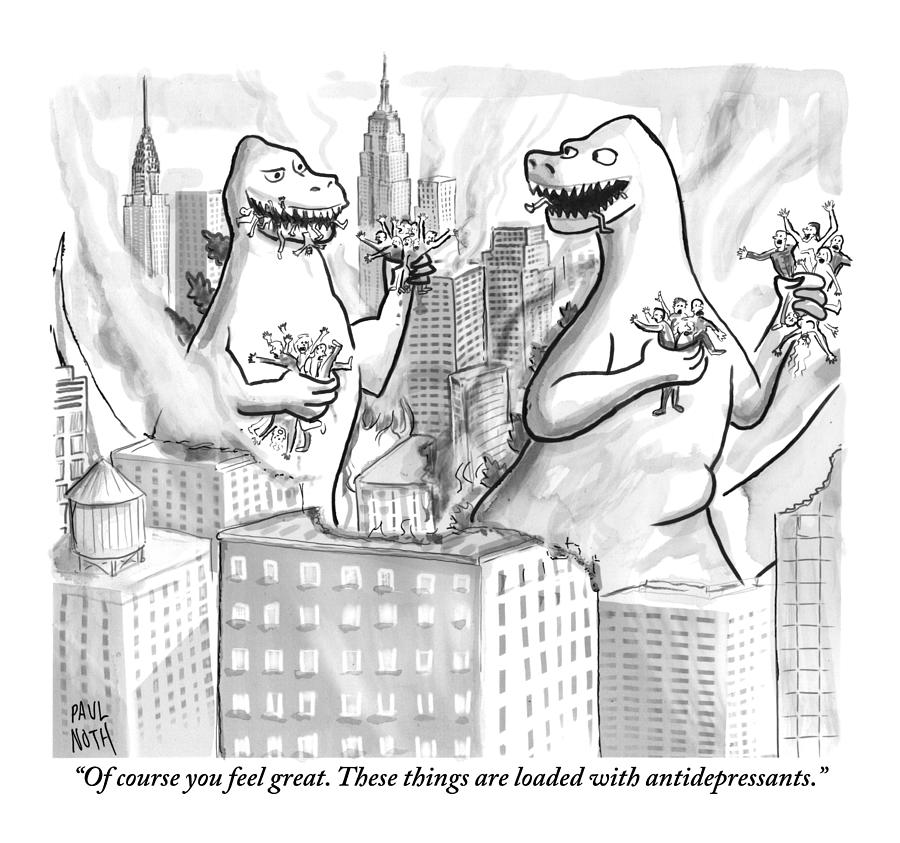 New York City Drawing - Two Godzillas Talk To Each Other by Paul Noth