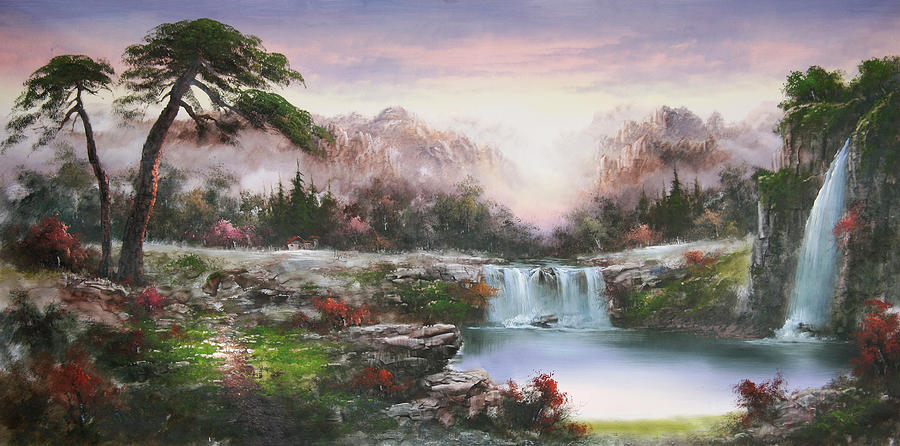 Two Great Pine Trees Standing By The Waterfall Painting by Unknown ...