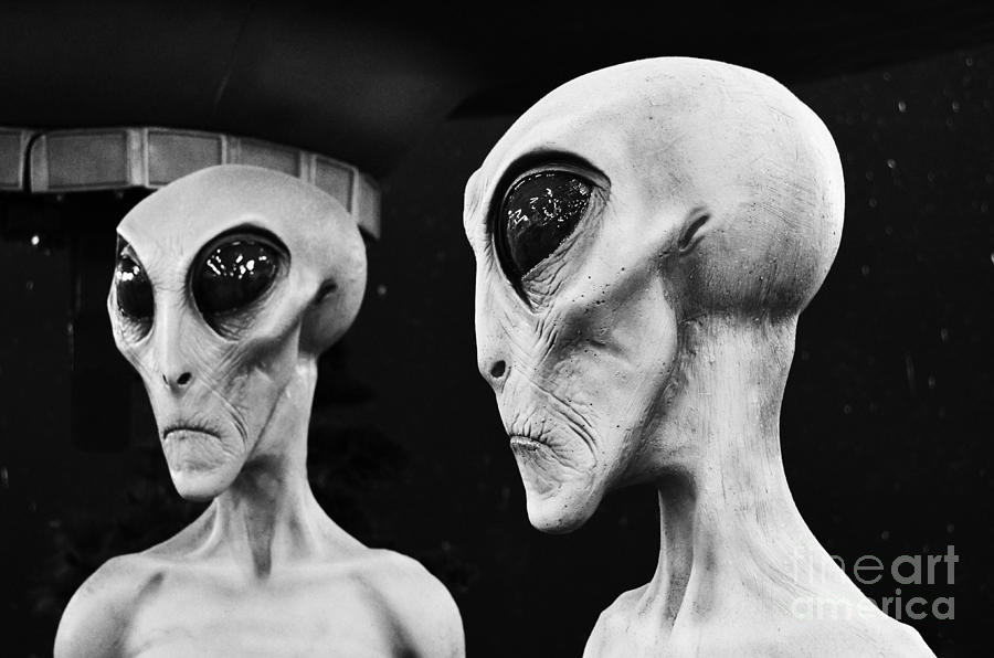 Two Grey Aliens Science Fiction Portrait Black and White Photograph by Shawn OBrien