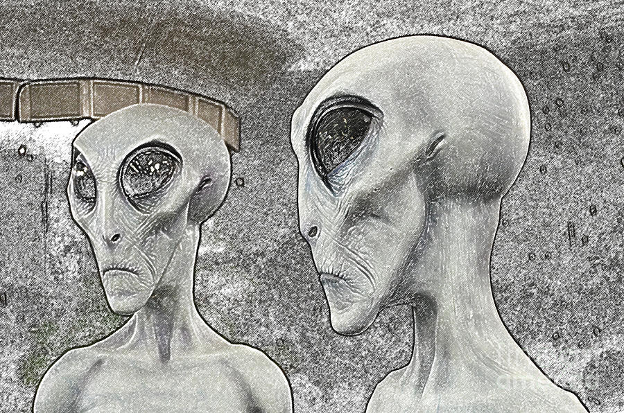 Two Grey Aliens Science Fiction Portrait Colored Pencil Digital Art Digital Art by Shawn OBrien