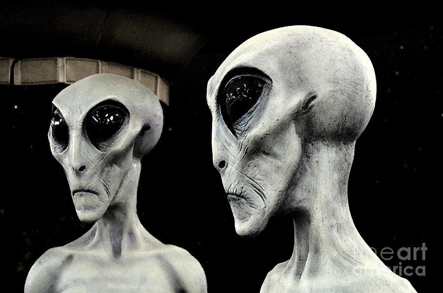 Two Grey Aliens Science Fiction Portrait Watercolor Digital Art Digital Art by Shawn OBrien