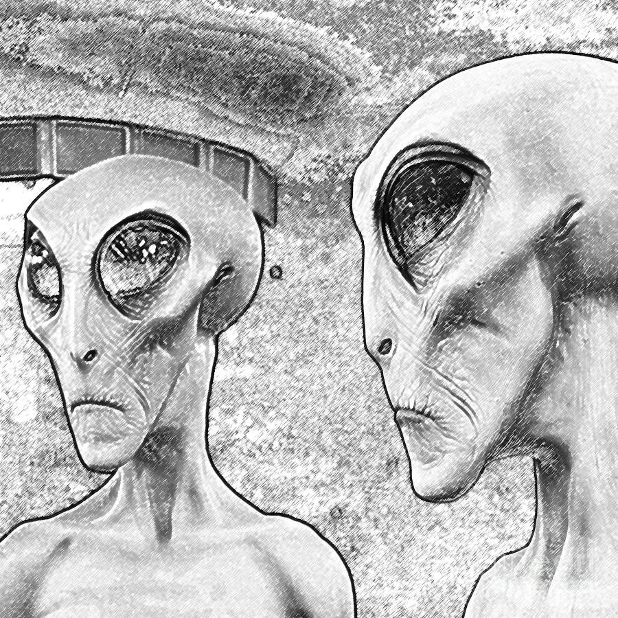 Two Grey Aliens Science Fiction Square Format Black and White Colored Pencil Digital Art Digital Art by Shawn OBrien