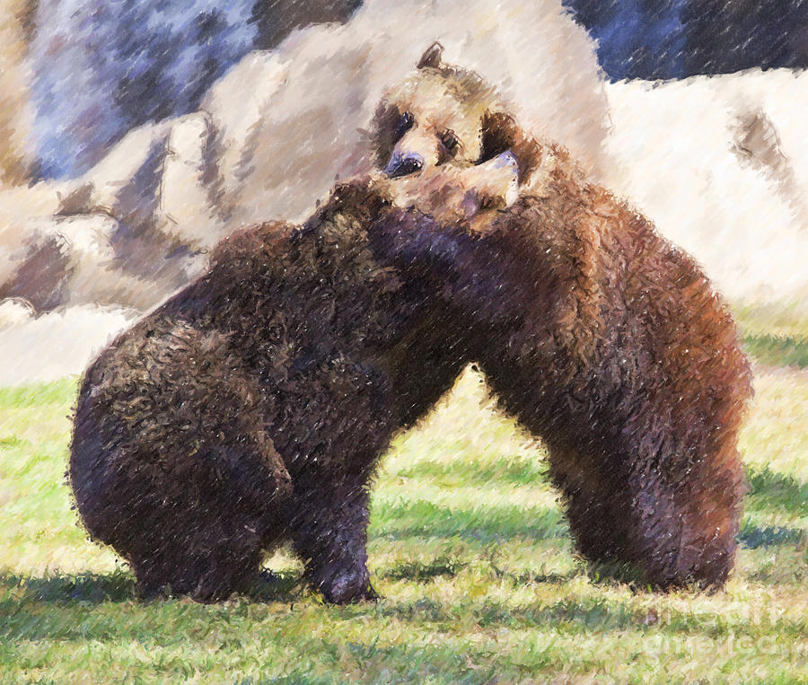 Two Grizzly Bears Ursus arctos play fighting Digital Art by Liz Leyden