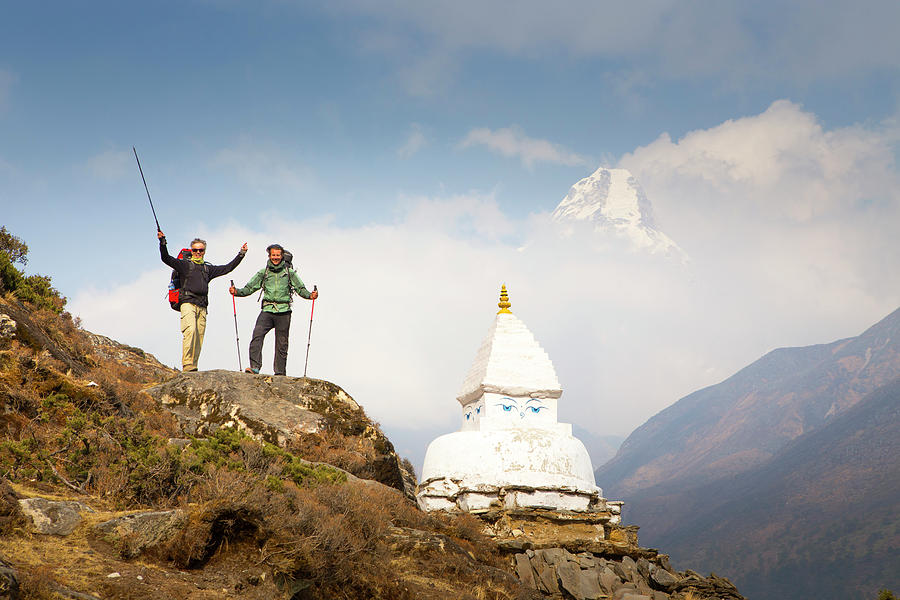 Two People Photograph - Two Happy Hikers Near Buddhist Stupa by Menno Boermans