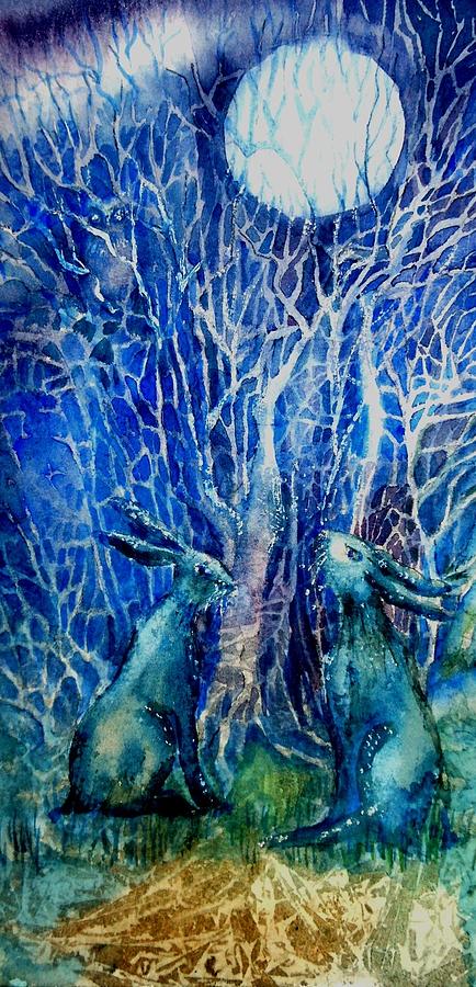 Two Hares Contemplate an Owl by Moonlight     Painting by Trudi Doyle