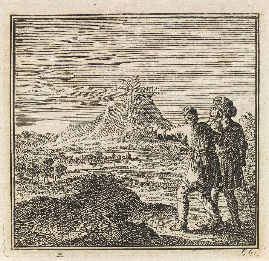 Landscape Drawing - Two Hikers Looking Out Over A Vast Landscape by Jan Luyken And Wed. Arentsz Pieter Cornelis Van Der Sys Ii