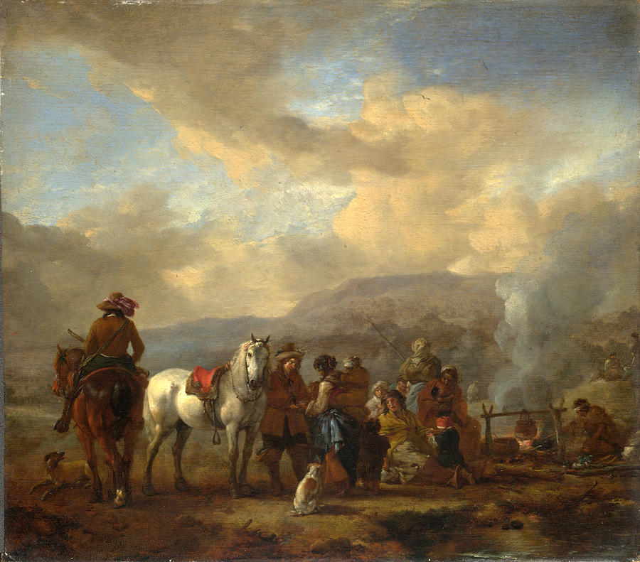 Two Horsemen at a Gipsy Encampment Painting by Philips Wouwerman