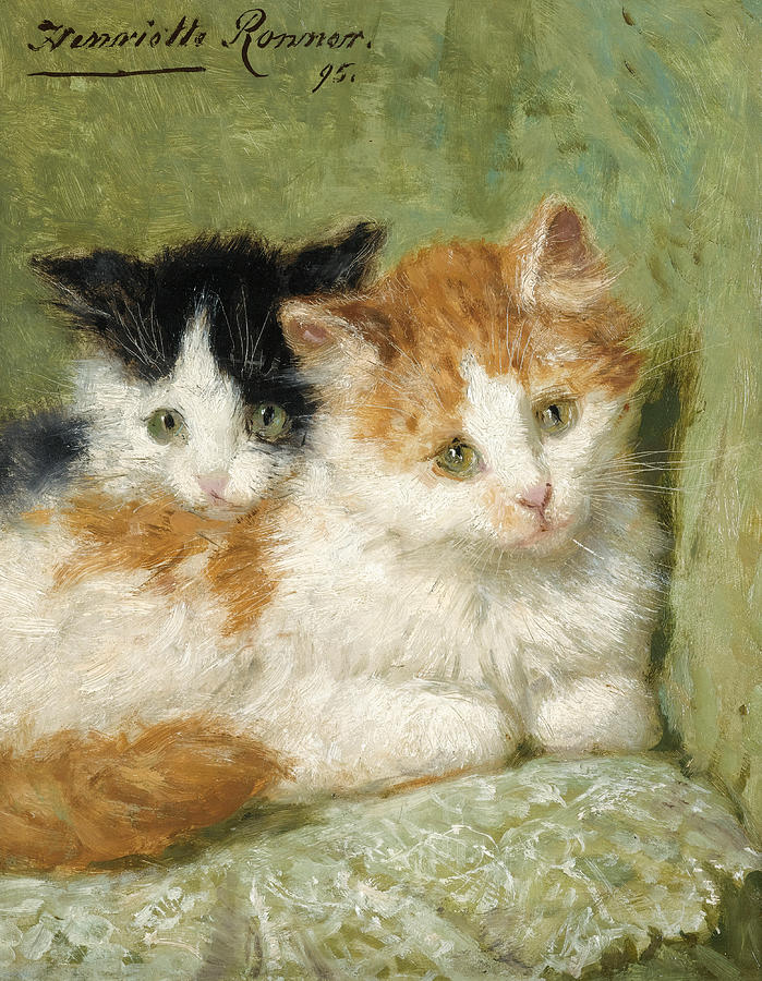 Two Kittens Sitting on a Cushion Painting by Henriette Ronner-Knip