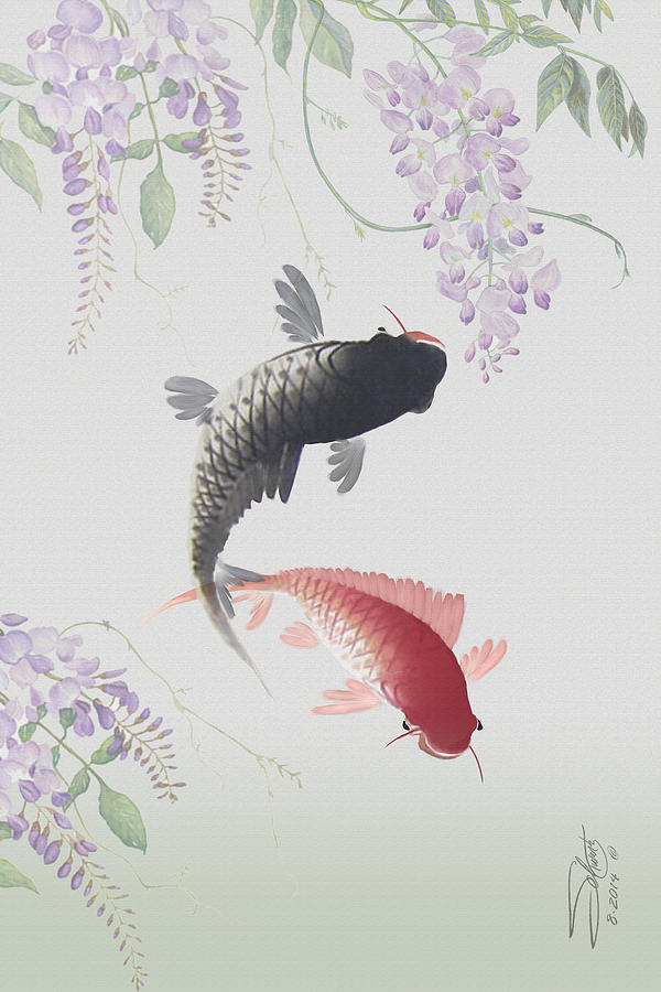 Koi Painting - Two Koi and Wisteria Blossoms by Spadecaller