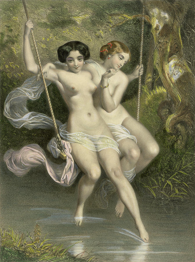 Nude Drawing - Two Ladies On A Swing by Charles Bargue