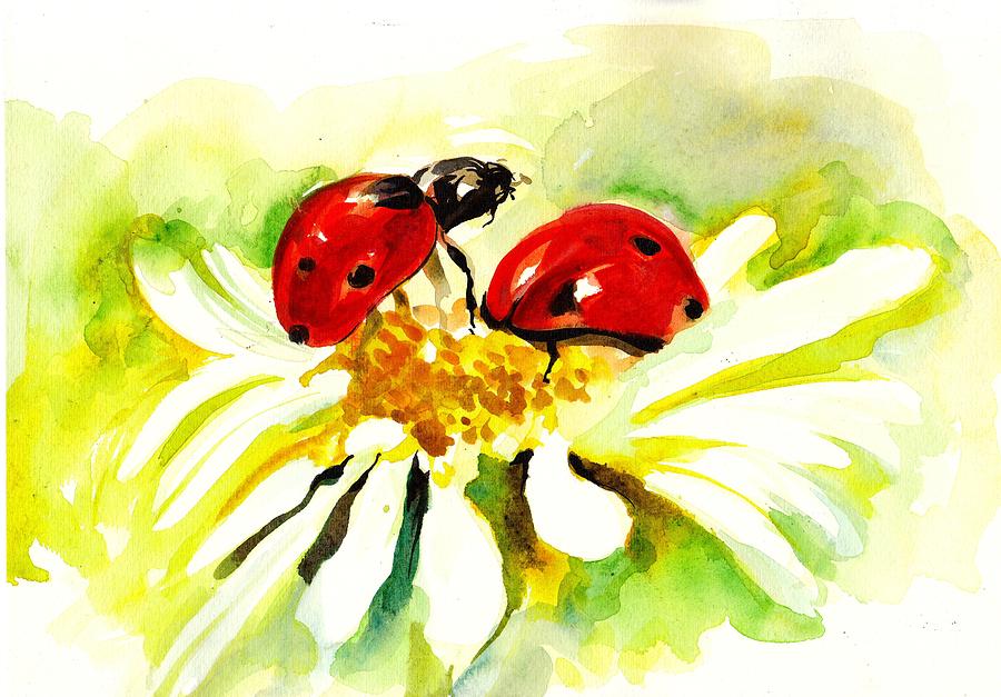 Ladybug Painting - Two Ladybugs in Daisy after my original watercolor by Tiberiu Soos