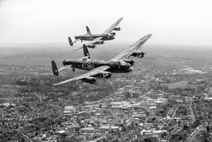 Two Lancasters over High Wycombe black and white version Digital Art by Gary Eason