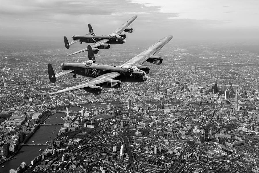 Two Lancasters over London black and white version Digital Art by Gary Eason