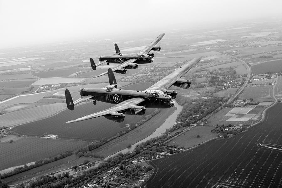 Two Lancasters over the upper Thames black and white version Digital Art by Gary Eason