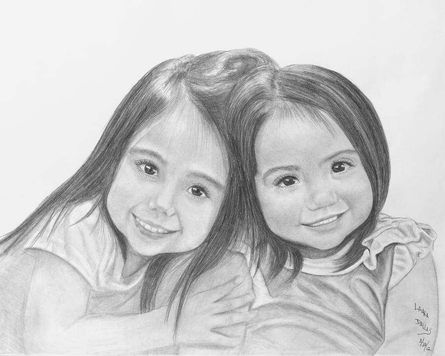 Two little sisters Drawing by Laura Dallas