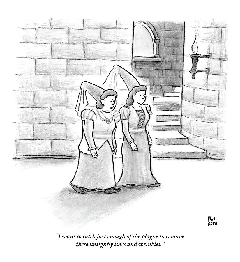 Two Medieval-age Women Are Seen Walking Drawing by Paul Noth