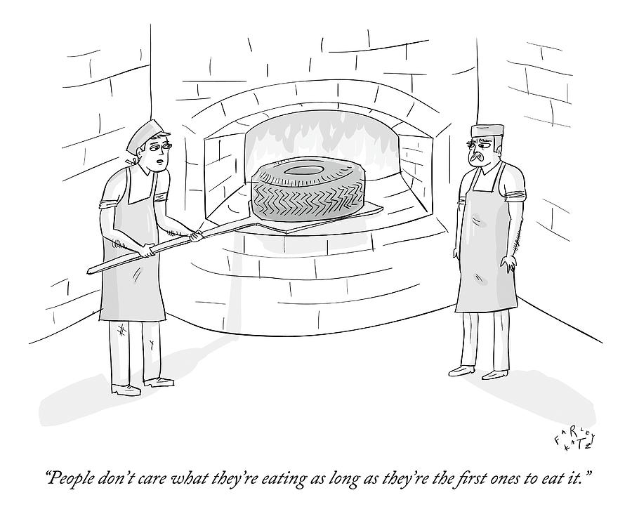 Two Men Place A Car Tire Into A Brick Oven Drawing by Farley Katz