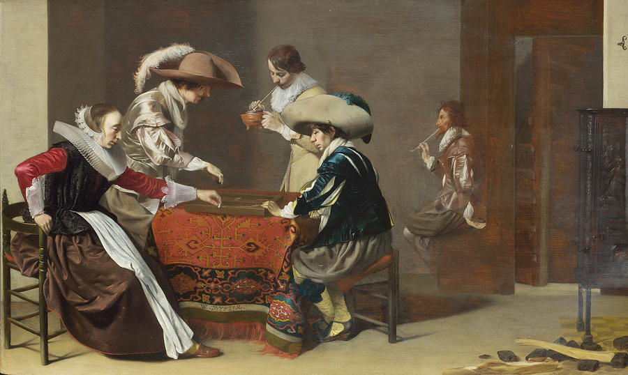Two Men playing Tric-trac with a Woman scoring Painting by Willem Cornelisz Duyster