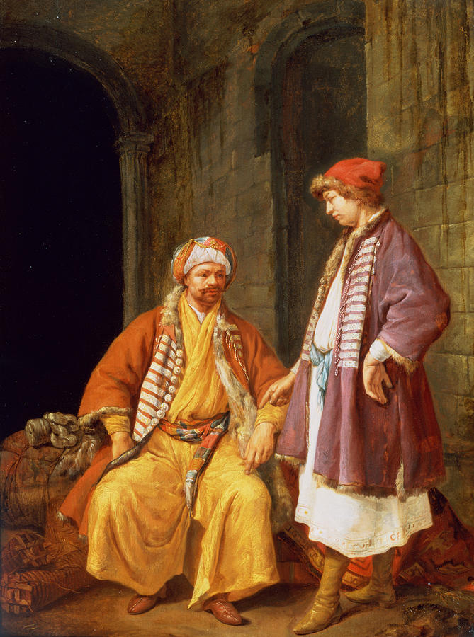 Silk Photograph - Two Merchants Conversing by Jacob Toorenvliet